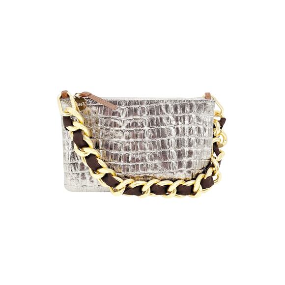 CLARE V. Wallet Clutch Tabs Metallic Croc & Shortie Strap Grosgrain Kalamata - Picture 1 of 12